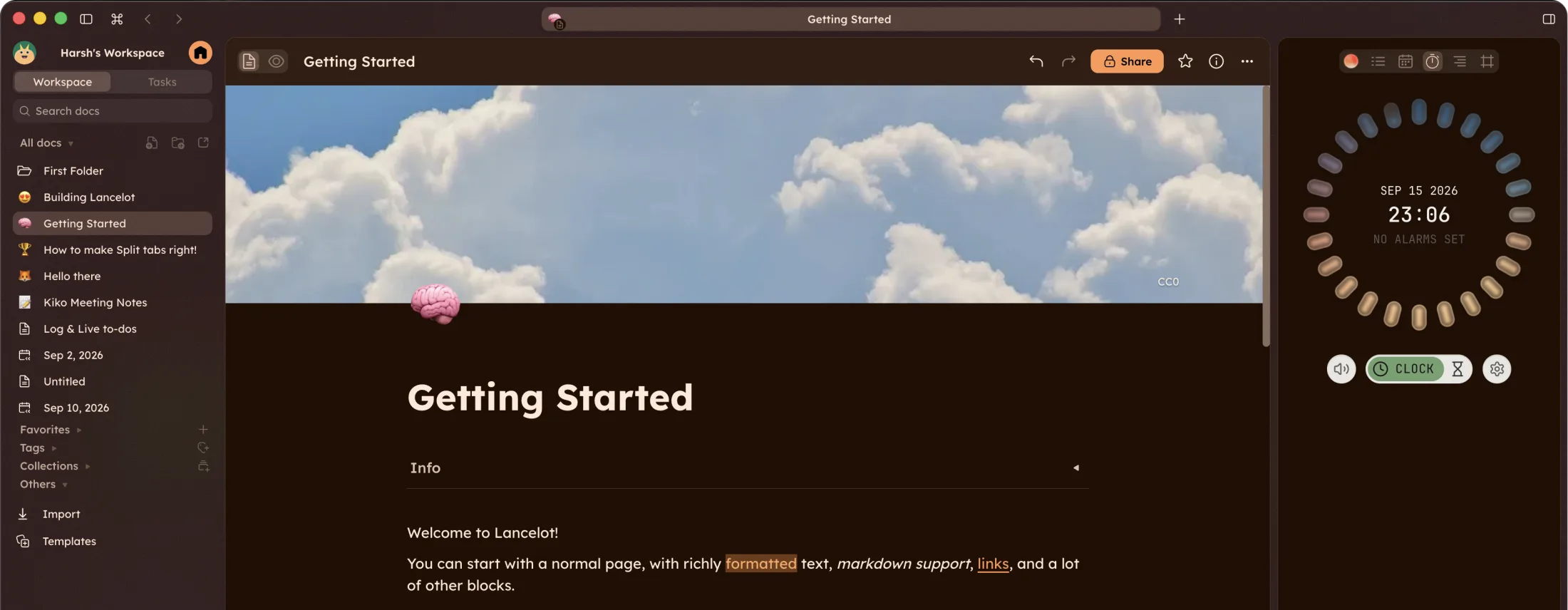 Circadial running in the sidebar of Lancelot, beside an open document.