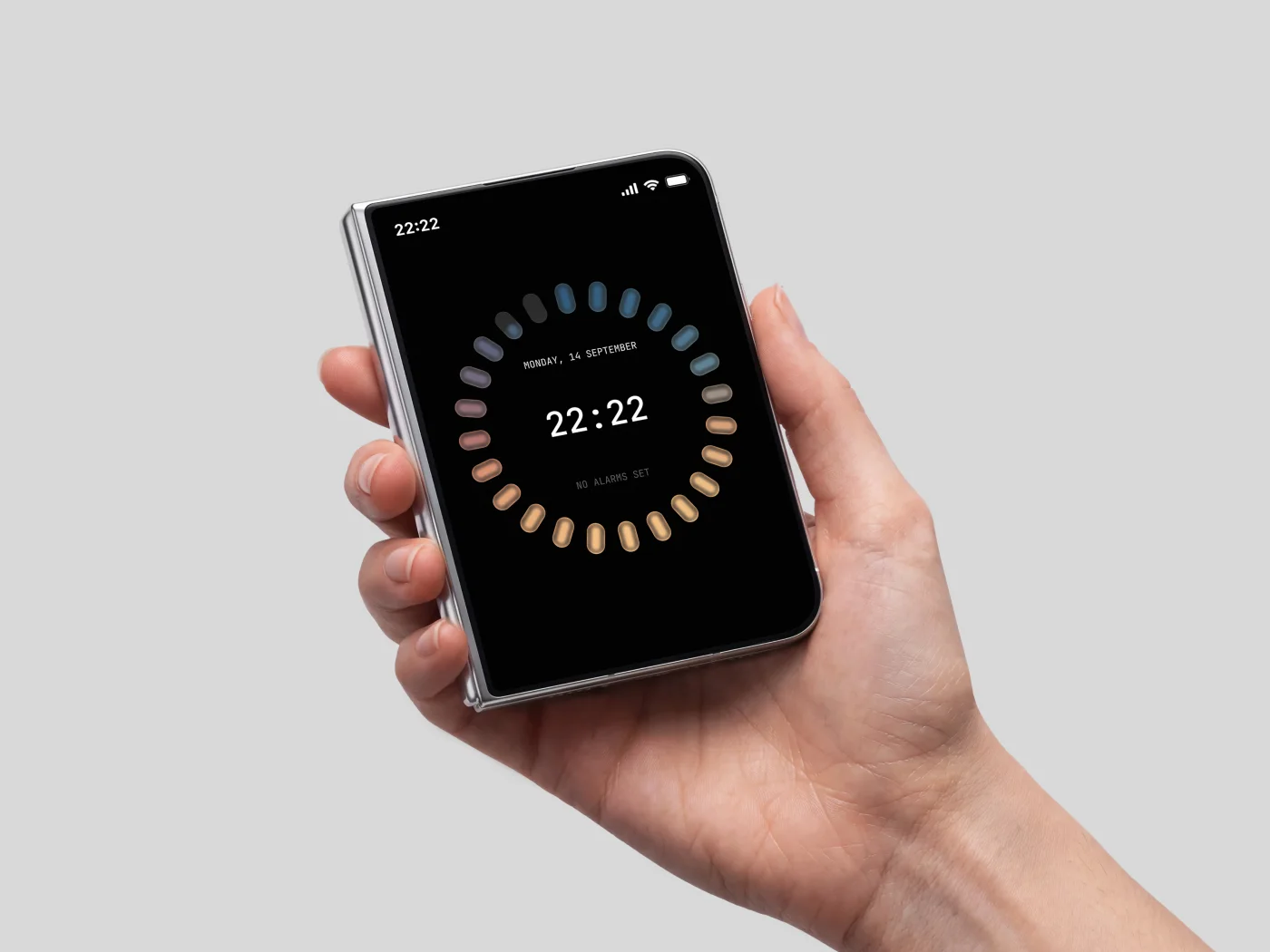 Circadial filling the screen of a folding phone held in one hand.